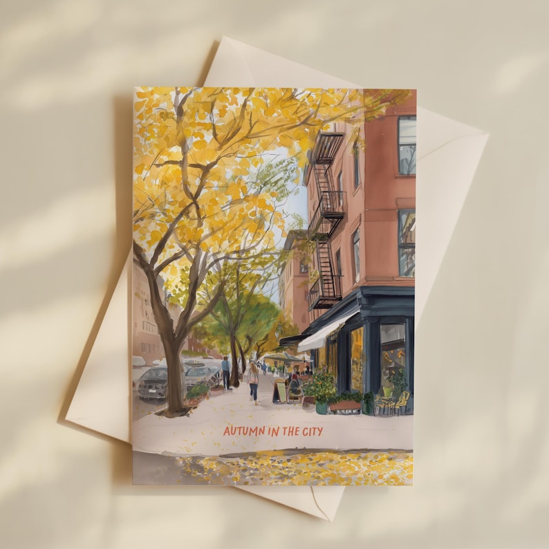 Set of 5 watercolor New York postcards capturing autumn in the city: Central Park fall foliage, Dumbo with Manhattan Bridge, Soho streetscape, Park Avenue rainy scene, and cozy NYC autumn vibes. Perfect for NYC souvenirs, travel gifts, stationery fans, or autumn lovers.