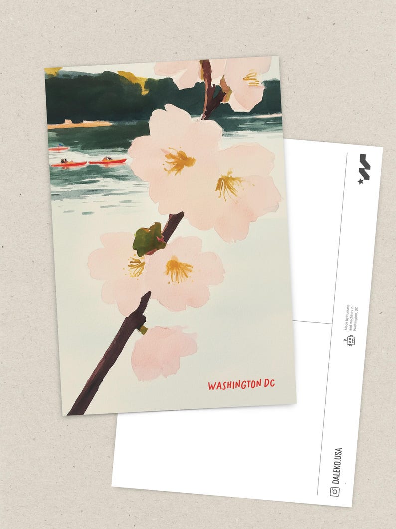 Watercolor illustration of cherry blossoms in Washington, DC’s Georgetown neighborhood, featuring the Potomac River, boats, and kayaks in the background. A charming springtime scene perfect for DC souvenirs and cherry blossom lovers.