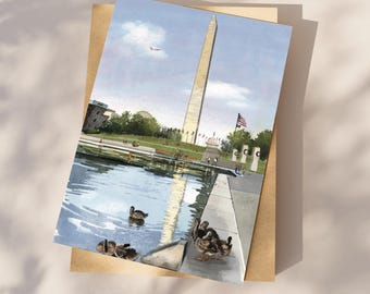 Cartão postal de Washington DC, monumento a Washington e espelho d'água, ilustração em aquarela pintada à mão, presente e lembrança de viagem de Washington DC