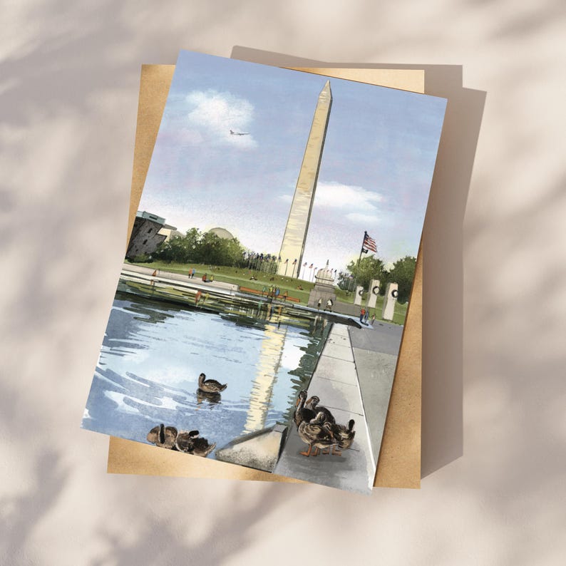 Hand-painted watercolor and pen illustration postcard of The Washington Monument in Washington, DC, featuring a charming duck family swimming in the Reflecting Pool. A whimsical and artistic postcard, perfect as a DC travel souvenir or gift for nature lovers.