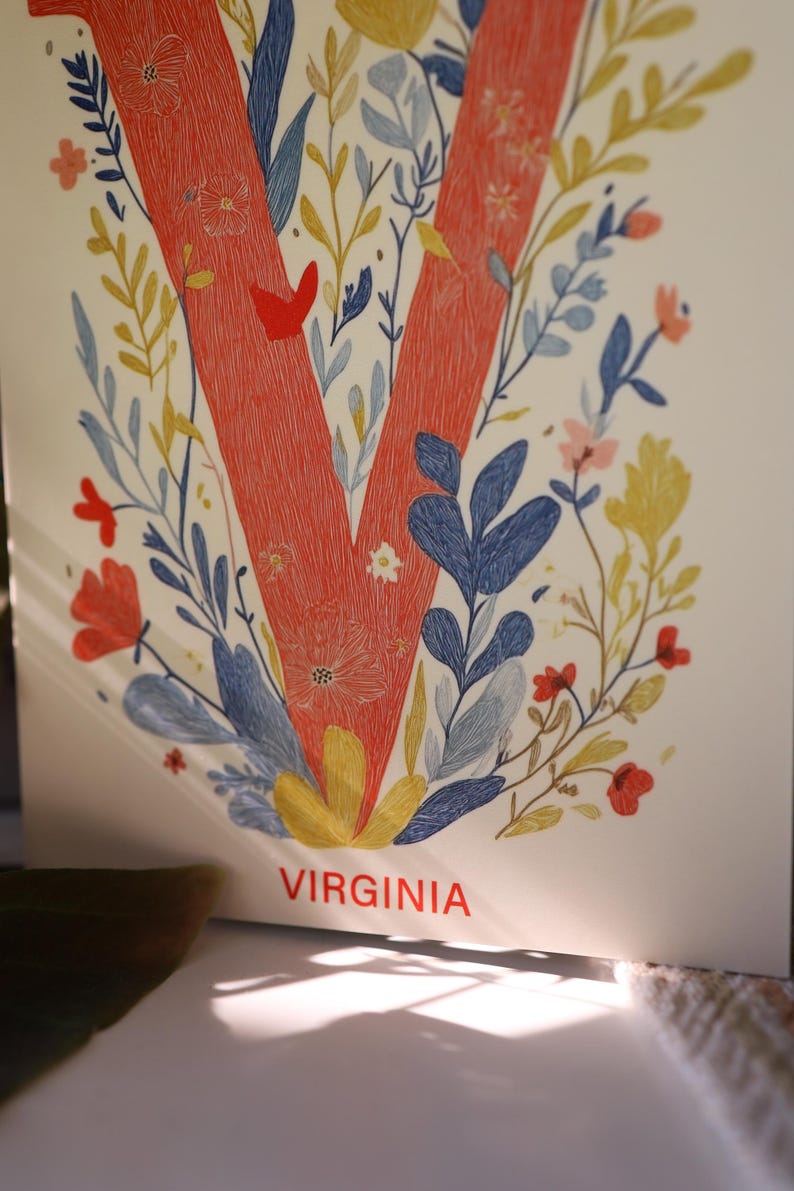Virginia postcard featuring the letter "V" decorated with delicate floral patterns and charming birds. A 4x6" nature-inspired Virginia souvenir, printed on premium matte cardstock, celebrating the state's natural beauty and wildlife.