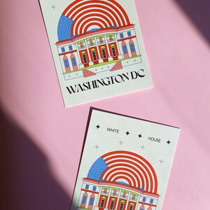 Modern Washington DC postcard featuring illustration of The White House with American flag. Elegant 4x6 USA travel postcard, perfect for Washington DC tourists, DC locals, collectors, post crossers, and travel souvenirs collectors.