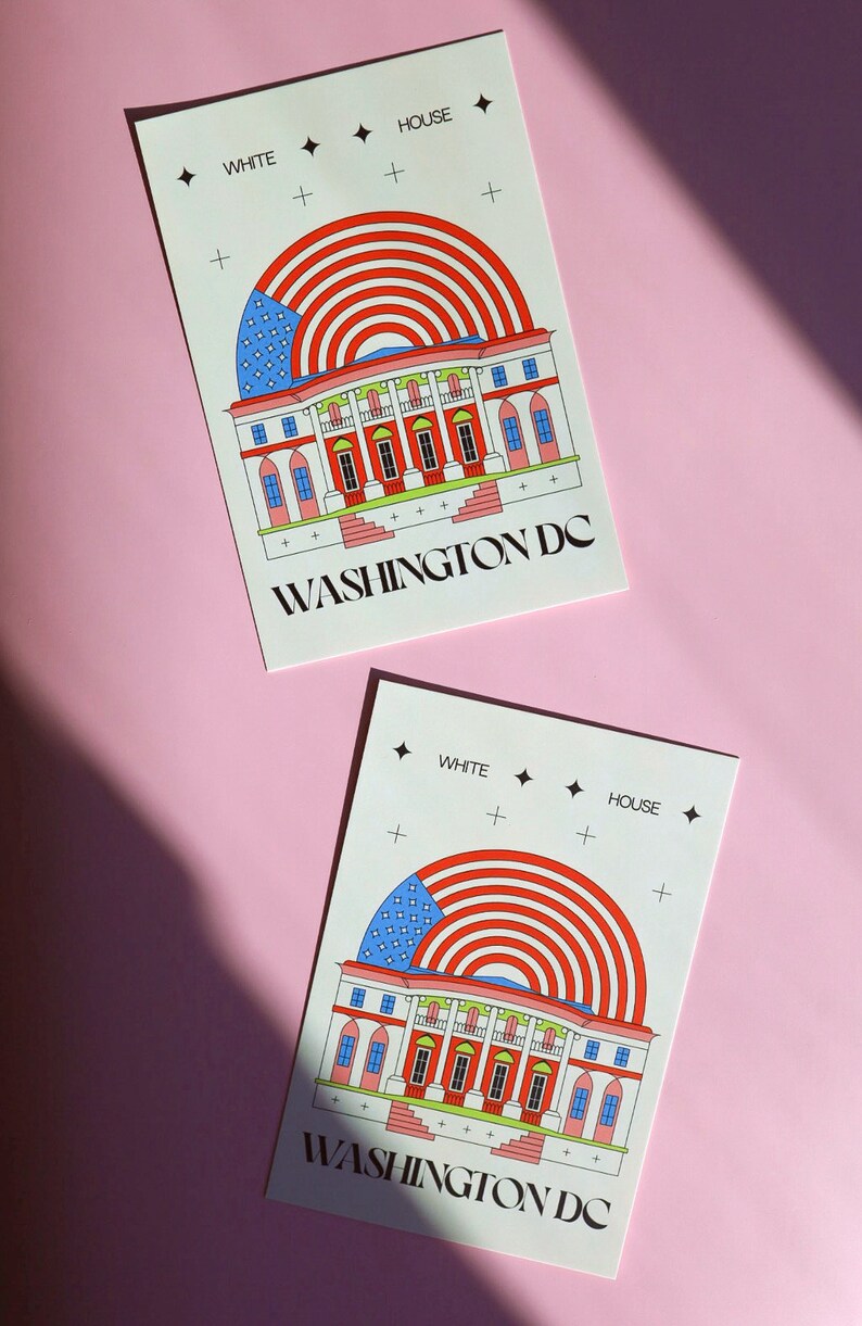 Modern Washington DC postcard featuring illustration of The White House with American flag. Elegant 4x6 USA travel postcard, perfect for Washington DC tourists, DC locals, collectors, post crossers, and travel souvenirs collectors.