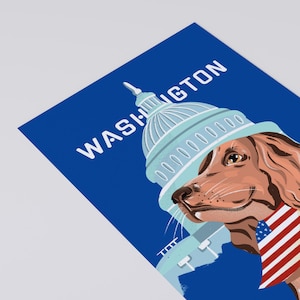 Cartão postal de Washington DC, cartão postal de filhote de cachorro do Capitólio, lembrança de Washington DC desenhada à mão, presente exclusivo para amantes de cães de DC, cartão comemorativo 4x6