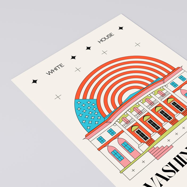 Modern Washington DC postcard featuring illustration of The White House with American flag. Elegant 4x6 USA travel postcard, perfect for Washington DC tourists, DC locals, collectors, post crossers, and travel souvenirs collectors.