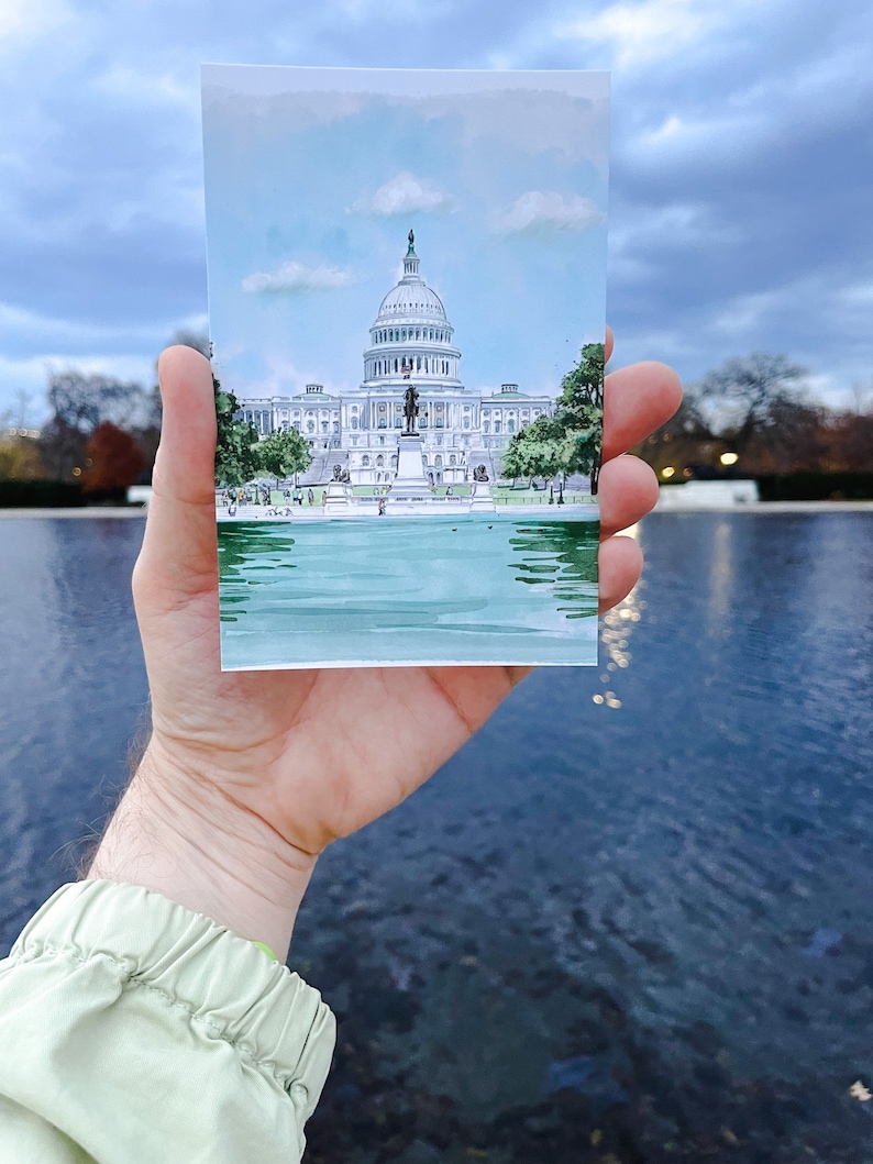 Hand-Drawn Washington DC Postcard, US Capitol Building Art, Unique Washington DC Gift And Souvenir, Modern 4x6 Illustration Postcard. Hand-drawn art, watercolor illustration, perfect gift or souvenir for postcrossers and collectors
