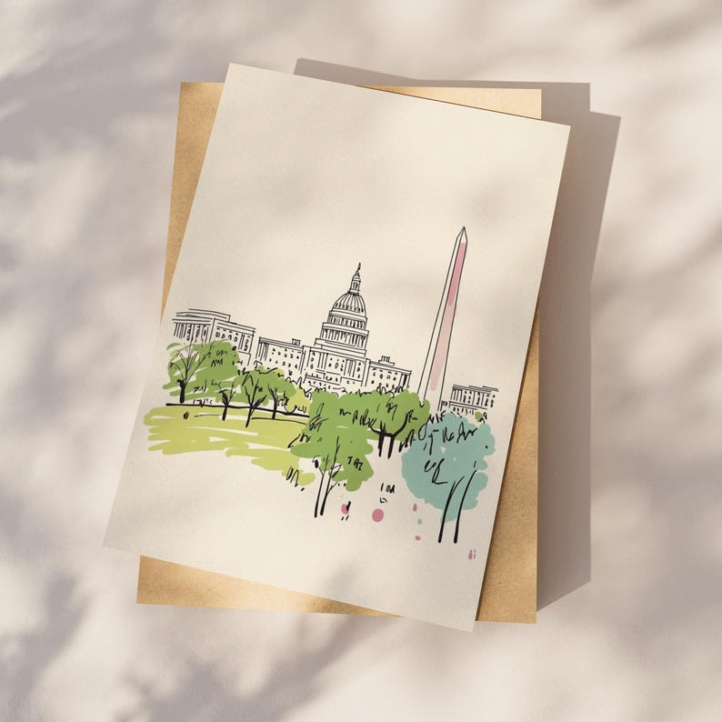 Washington DC Postcard, Sketchbook Summers, Washington DC Art, Unique Washington DC Gift And Souvenir, 4x6 Greeting Card