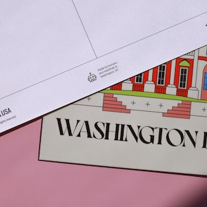 Modern Washington DC postcard featuring illustration of The White House with American flag. Elegant 4x6 USA travel postcard, perfect for Washington DC tourists, DC locals, collectors, post crossers, and travel souvenirs collectors.
