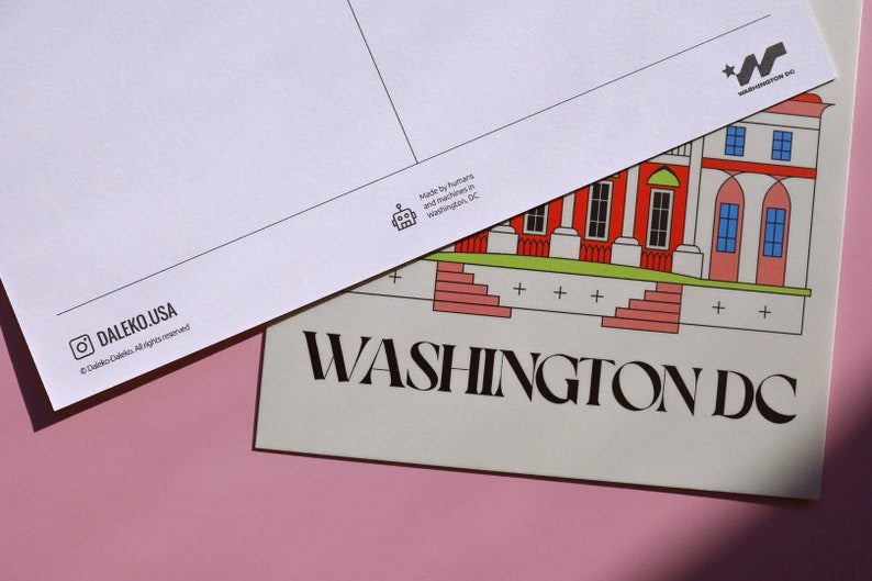 Modern Washington DC postcard featuring illustration of The White House with American flag. Elegant 4x6 USA travel postcard, perfect for Washington DC tourists, DC locals, collectors, post crossers, and travel souvenirs collectors.