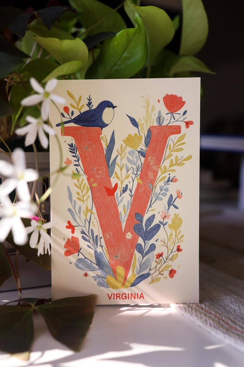 Virginia postcard featuring the letter "V" decorated with delicate floral patterns and charming birds. A 4x6" nature-inspired Virginia souvenir, printed on premium matte cardstock, celebrating the state's natural beauty and wildlife.