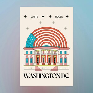 Modern Washington DC postcard featuring illustration of The White House with American flag. Elegant 4x6 USA travel postcard, perfect for Washington DC tourists, DC locals, collectors, post crossers, and travel souvenirs collectors.