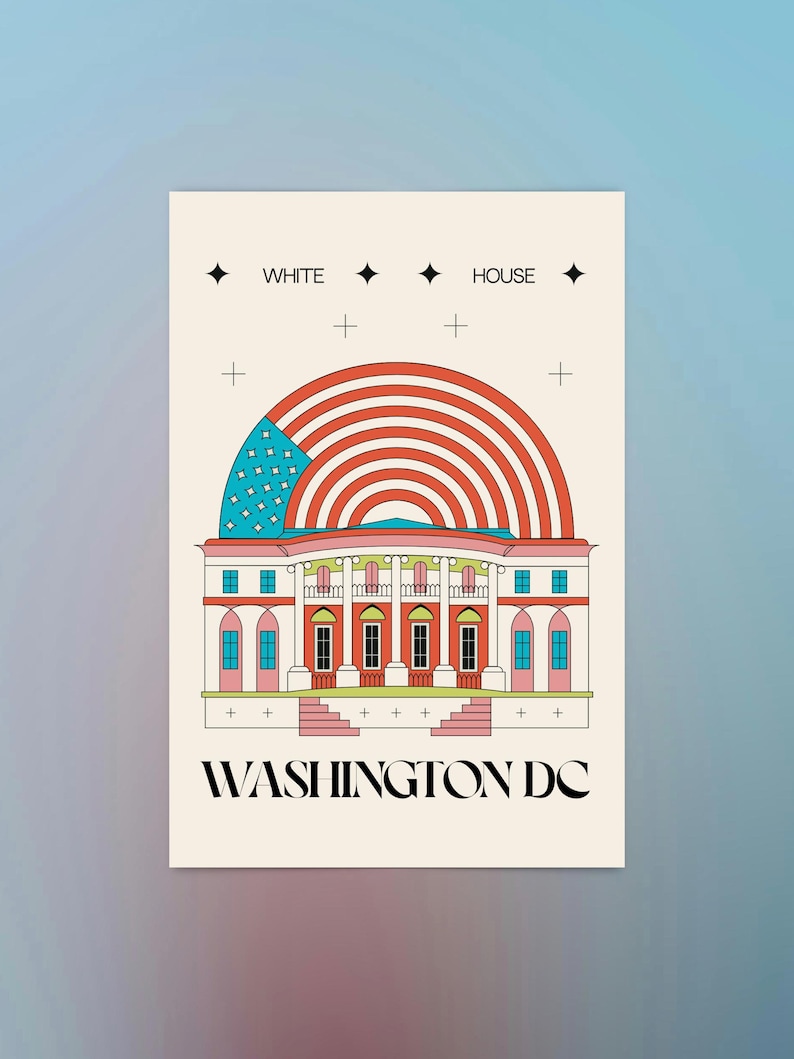 Modern Washington DC postcard featuring illustration of The White House with American flag. Elegant 4x6 USA travel postcard, perfect for Washington DC tourists, DC locals, collectors, post crossers, and travel souvenirs collectors.