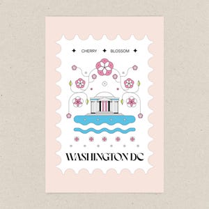 Washington DC cherry blossom postcard featuring a postage stamp design with the Jefferson Memorial and Tidal Basin in peak bloom. A perfect Washington DC souvenir, travel keepsake, and unique 4x6 postcard for cherry blossom lovers and postcrossers.