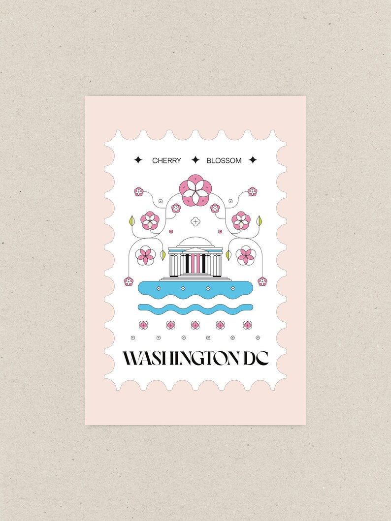 Washington DC cherry blossom postcard featuring a postage stamp design with the Jefferson Memorial and Tidal Basin in peak bloom. A perfect Washington DC souvenir, travel keepsake, and unique 4x6 postcard for cherry blossom lovers and postcrossers.