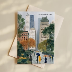 Set of 5 watercolor New York postcards capturing autumn in the city: Central Park fall foliage, Dumbo with Manhattan Bridge, Soho streetscape, Park Avenue rainy scene, and cozy NYC autumn vibes. Perfect for NYC souvenirs, travel gifts, stationery fans, or autumn lovers.