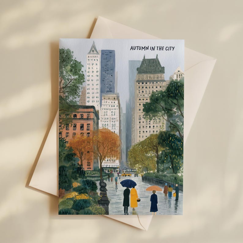 Set of 5 watercolor New York postcards capturing autumn in the city: Central Park fall foliage, Dumbo with Manhattan Bridge, Soho streetscape, Park Avenue rainy scene, and cozy NYC autumn vibes. Perfect for NYC souvenirs, travel gifts, stationery fans, or autumn lovers.