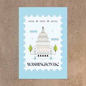 Modern minimalist Washington DC postcard featuring a postage stamp-inspired illustration of the US Capitol on a sky-blue background. A stylish and unique travel souvenir, political art print, or collector’s item. High-quality 4x6 postcard, perfect for sending or displaying