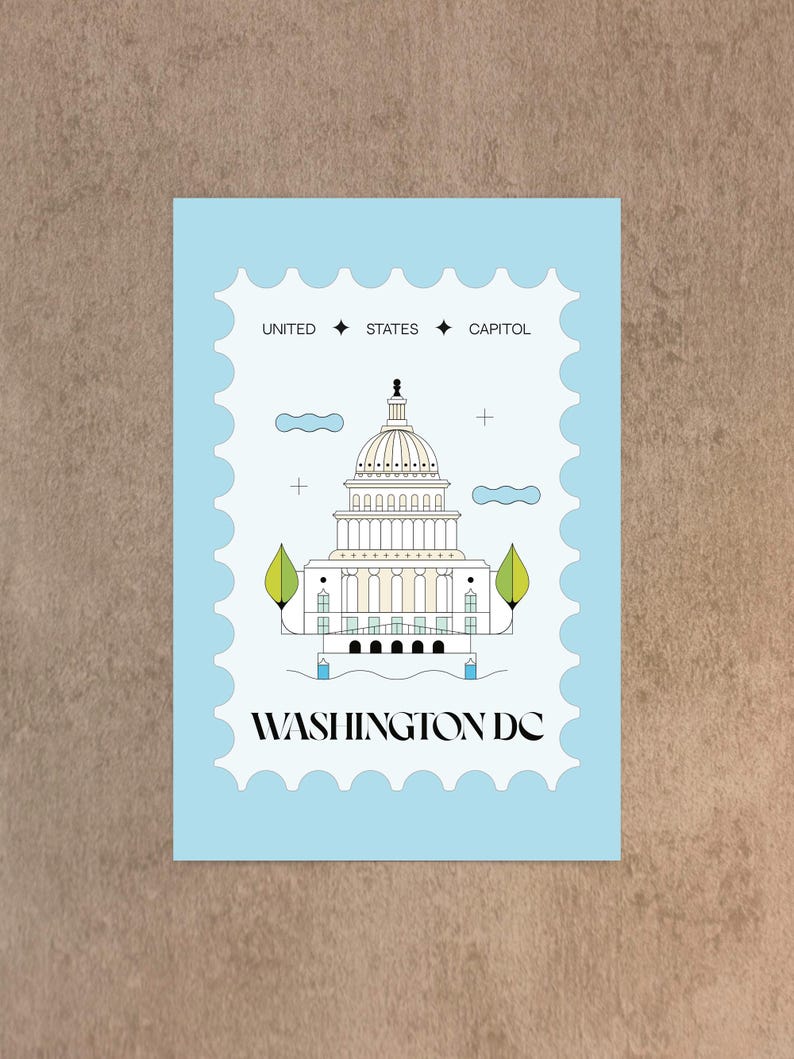 Modern minimalist Washington DC postcard featuring a postage stamp-inspired illustration of the US Capitol on a sky-blue background. A stylish and unique travel souvenir, political art print, or collector’s item. High-quality 4x6 postcard, perfect for sending or displaying