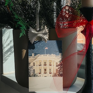 Washington DC Christmas postcard featuring a festive gouache illustration of the White House covered in snow and decorated for the holidays. A perfect DC winter souvenir, holiday greeting card, or collectible art print for Christmas decor lovers, Washington DC travelers, White House history buffs, and postcard collectors. Printed on premium 4x6 matte cardstock with high-resolution festive artwork. Designed and made in the USA.