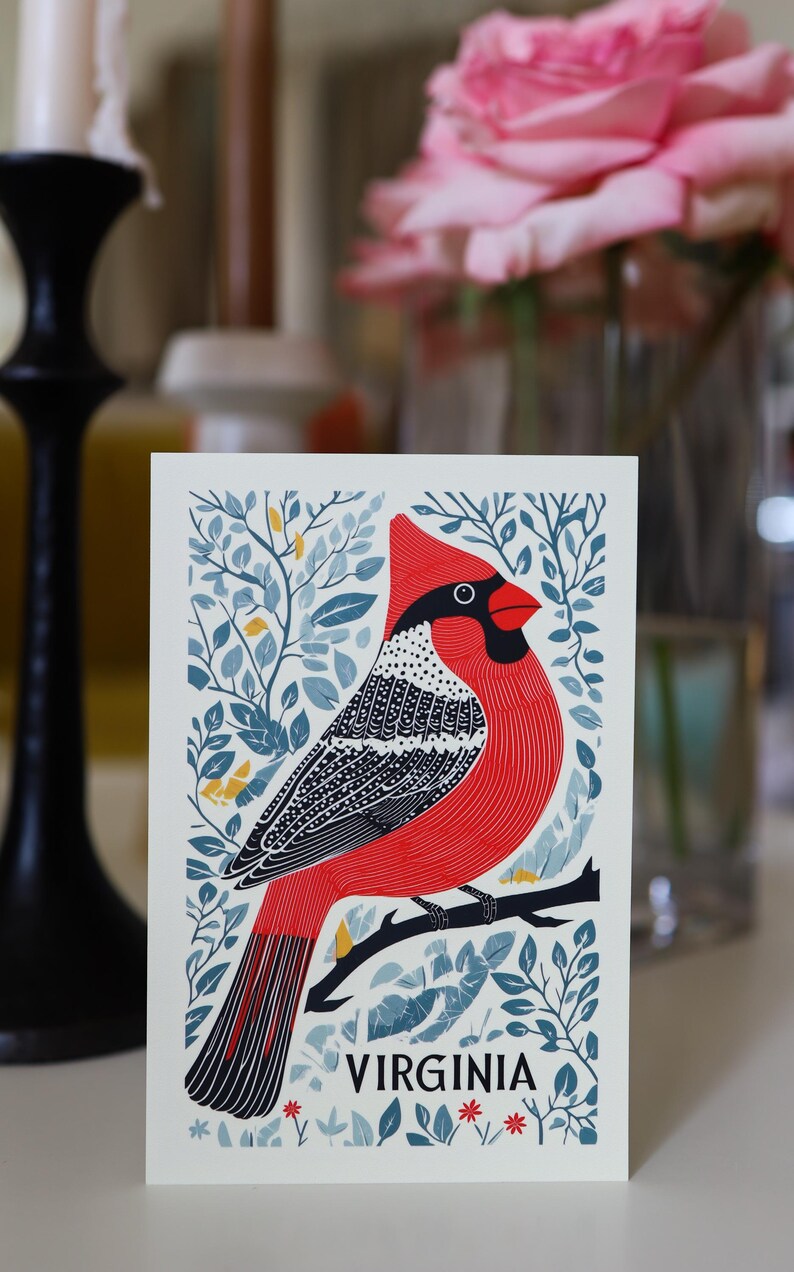 Virginia postcard featuring a state symbol — red cardinal bird. A perfect 4x6" Virginia souvenir for nature lovers, posrcrossers, snail mail lovers, bird watchers, and wildlife enthusiasts. Printed on premium matte cardstock, capturing the serene beauty of Virginia’s waterways. Wonderful watercolor postcard for mailing.