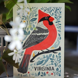 Virginia postcard featuring a state symbol — red cardinal bird. A perfect 4x6" Virginia souvenir for nature lovers, posrcrossers, snail mail lovers, bird watchers, and wildlife enthusiasts. Printed on premium matte cardstock, capturing the serene beauty of Virginia’s waterways. Wonderful watercolor postcard for mailing.