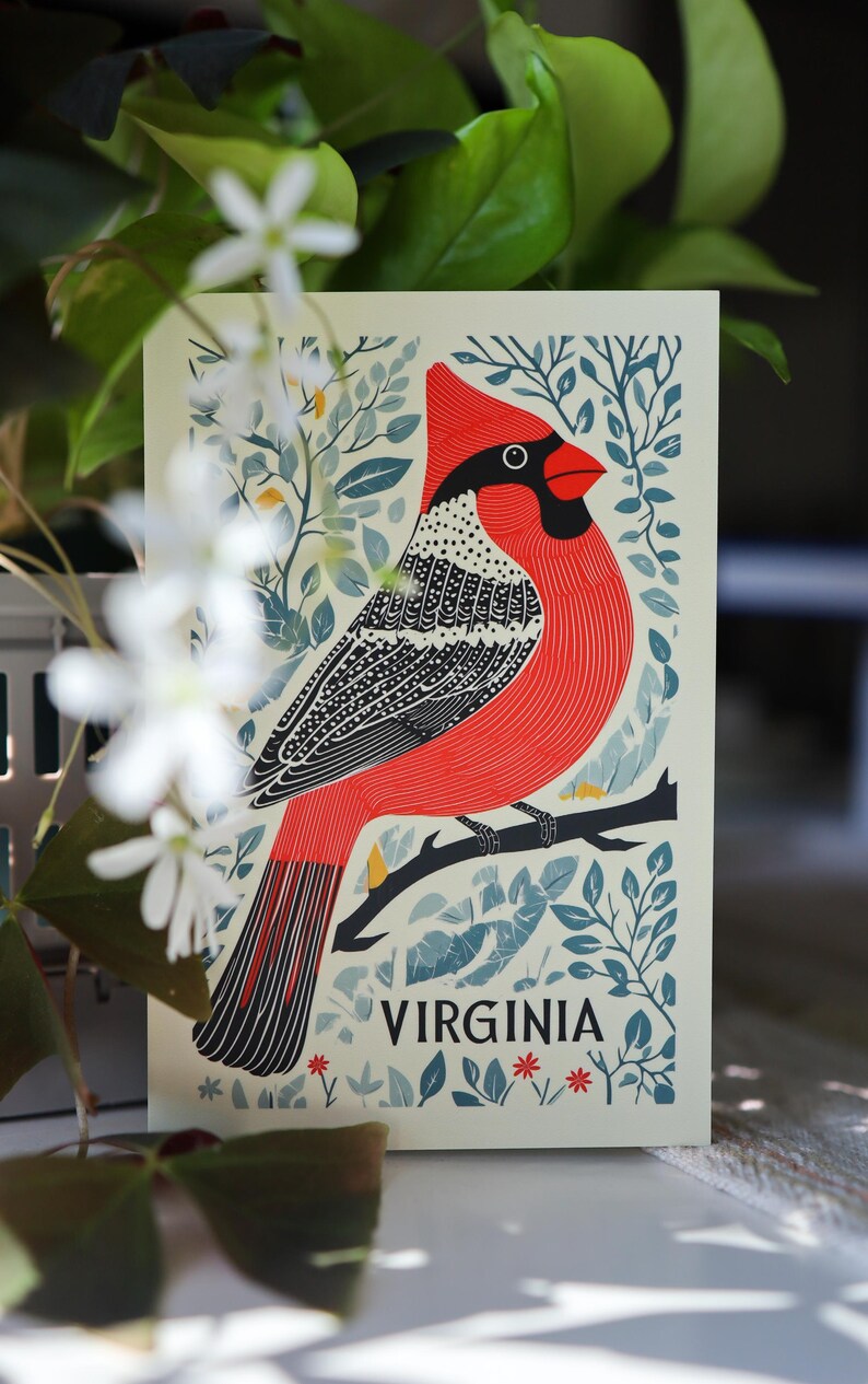 Virginia postcard featuring a state symbol — red cardinal bird. A perfect 4x6" Virginia souvenir for nature lovers, posrcrossers, snail mail lovers, bird watchers, and wildlife enthusiasts. Printed on premium matte cardstock, capturing the serene beauty of Virginia’s waterways. Wonderful watercolor postcard for mailing.