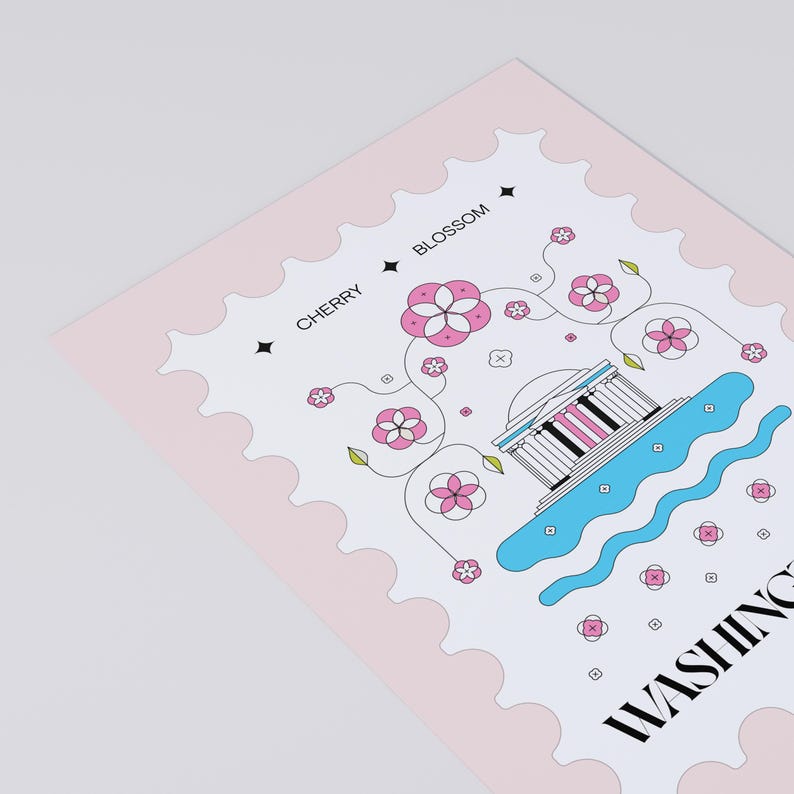 Washington DC cherry blossom postcard featuring a postage stamp design with the Jefferson Memorial and Tidal Basin in peak bloom. A perfect Washington DC souvenir, travel keepsake, and unique postcard for cherry blossom lovers, Washington DC tourists, and postcrossers.