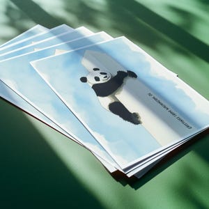 Washington DC postcard featuring a whimsical illustration of a giant panda climbing The Washington Monument. A fun and charming souvenir celebrating the return of pandas to DC. Perfect gift for panda lovers, Washingtonians and Washington, DC enthusiasts!