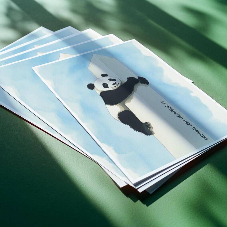 Washington DC postcard featuring a whimsical illustration of a giant panda climbing The Washington Monument. A fun and charming souvenir celebrating the return of pandas to DC. Perfect gift for panda lovers, Washingtonians and Washington, DC enthusiasts!