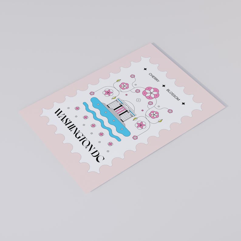 Washington DC cherry blossom postcard featuring a postage stamp design with the Jefferson Memorial and Tidal Basin in peak bloom. A perfect Washington DC souvenir, travel keepsake, and unique postcard for cherry blossom lovers, Washington DC tourists, and postcrossers.