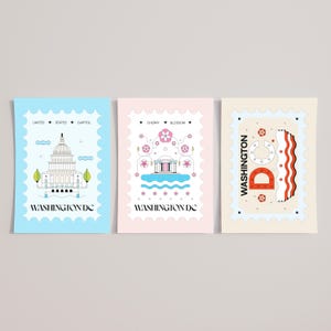 Jeu de cartes postales Washington DC, timbres emblématiques DC (lot de trois cartes postales 4 x 6), design moderne, cadeau et souvenir Washington DC