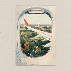 Hand-drawn Washington DC postcard featuring watercolor and ink illustration with the US Capitol Building seen from the airplane window. Elegant 4x6 postcard with watercolor-style artwork, perfect for Washington DC tourists, DC locals, collectors, post crossers, and travel souvenirs collectors.