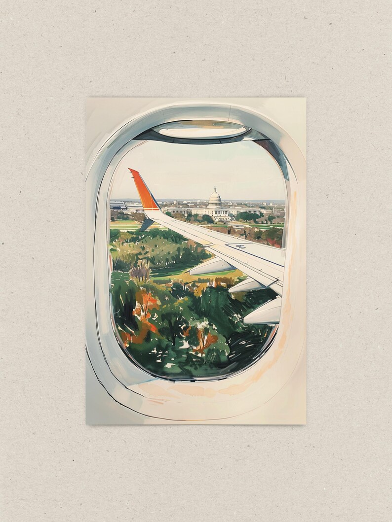 Hand-drawn Washington DC postcard featuring watercolor and ink illustration with the US Capitol Building seen from the airplane window. Elegant 4x6 postcard with watercolor-style artwork, perfect for Washington DC tourists, DC locals, collectors, post crossers, and travel souvenirs collectors.