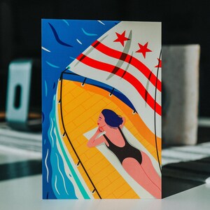Modern Washington DC postcard featuring a girl yachting on the Potomac River under the DC flag, stylish vector art, souvenir, sailing-themed 4x6 postcard