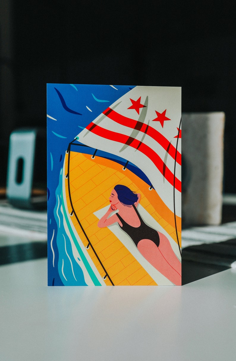 Modern Washington DC postcard featuring a girl yachting on the Potomac River under the DC flag, stylish vector art, souvenir, sailing-themed 4x6 postcard