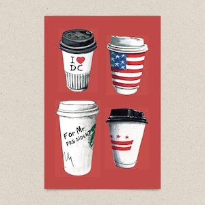 Carte postale de Washington DC, tasses à café DC, aquarelle dessinée à la main, cadeau et souvenir unique de Washington DC, carte postale 4 x 6