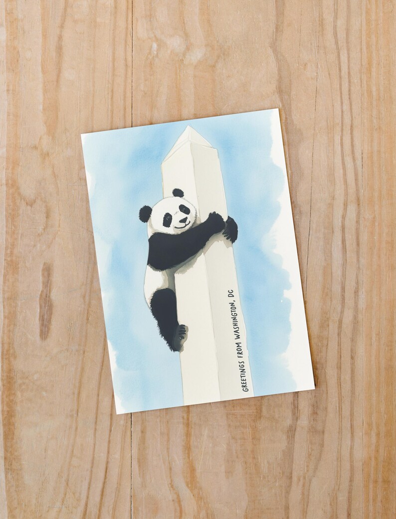 Washington DC postcard featuring a whimsical illustration of a giant panda climbing The Washington Monument. A fun and charming souvenir celebrating the return of pandas to DC. Perfect gift for panda lovers, Washingtonians and Washington, DC enthusiasts!