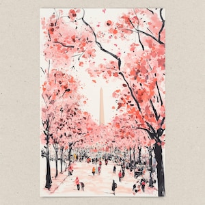 Vibrant cherry blossom art postcard with The Washington Monument, a unique Washington DC souvenir for spring lovers, cherry blossom postcard perfect for gifts or decor
