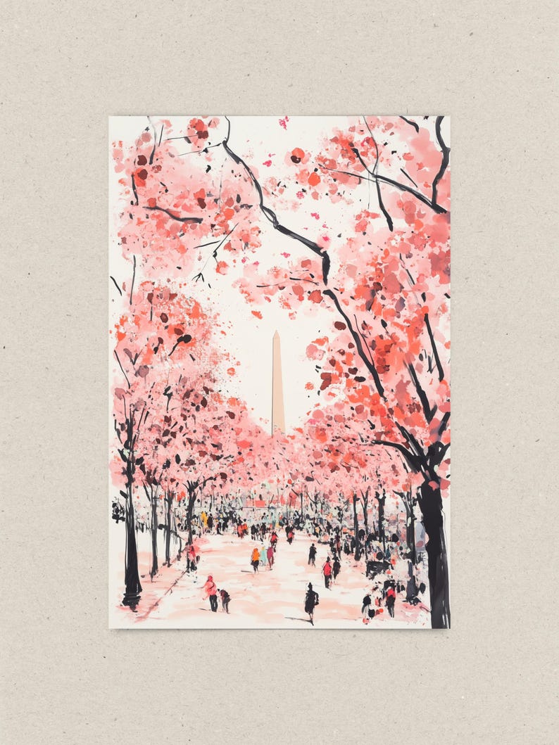 Vibrant cherry blossom art postcard with The Washington Monument, a unique Washington DC souvenir for spring lovers, cherry blossom postcard perfect for gifts or decor