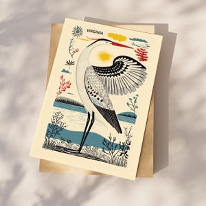 Virginia postcard featuring a majestic heron, the state’s graceful water bird, standing by the water’s edge. A perfect 4x6" Virginia souvenir for nature lovers, posrcrossers, snail mail lovers, bird watchers, and wildlife enthusiasts. Printed on premium matte cardstock, capturing the serene beauty of Virginia’s waterways. Wonderful watercolor postcard for mailing.