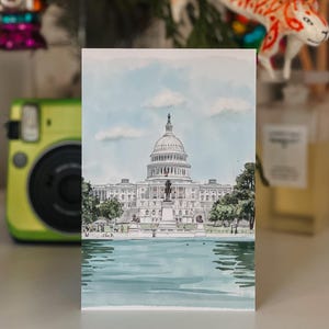 Hand-Drawn Washington DC Postcard, US Capitol Building Art, Unique Washington DC Gift And Souvenir, Modern 4x6 Illustration Postcard. Hand-drawn art, watercolor illustration, perfect gift or souvenir for postcrossers and collectors