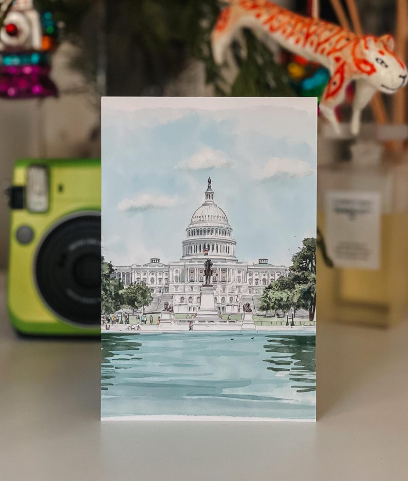 Hand-Drawn Washington DC Postcard, US Capitol Building Art, Unique Washington DC Gift And Souvenir, Modern 4x6 Illustration Postcard. Hand-drawn art, watercolor illustration, perfect gift or souvenir for postcrossers and collectors