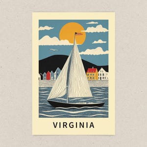 Whimsical Virginia sailboat postcard featuring a nautical watercolor illustration of a yacht on the ocean. Chesapeake Bay and Virginia Beach travel souvenir. Coastal home decor, seaside gift, sailing adventure print, and maritime art keepsake
