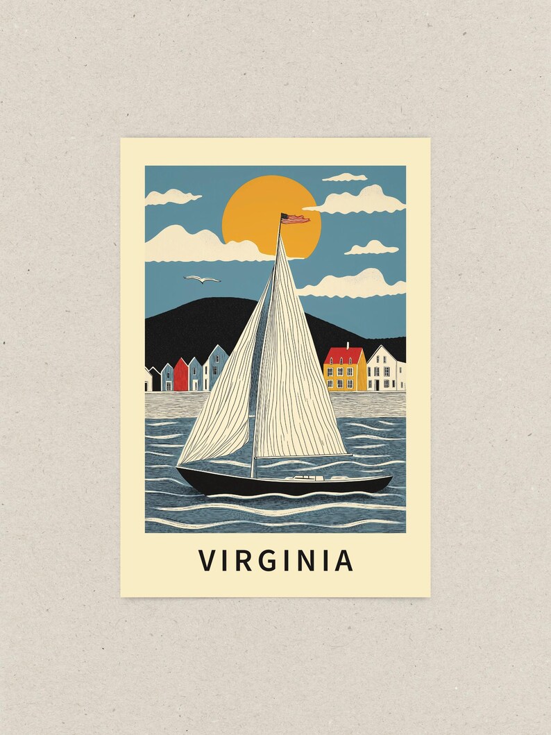 Whimsical Virginia sailboat postcard featuring a nautical watercolor illustration of a yacht on the ocean. Chesapeake Bay and Virginia Beach travel souvenir. Coastal home decor, seaside gift, sailing adventure print, and maritime art keepsake