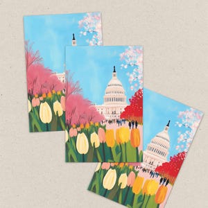 Vibrant cherry blossom art postcard with The US Capitol surrounded by flowers and cherry blossom trees, a unique Washington DC souvenir for spring lovers, cherry blossom postcard perfect for gifts or decor