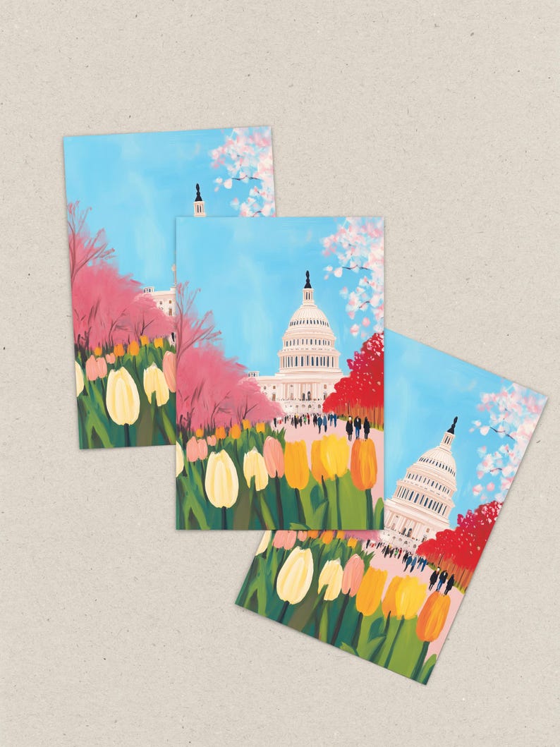 Vibrant cherry blossom art postcard with The US Capitol surrounded by flowers and cherry blossom trees, a unique Washington DC souvenir for spring lovers, cherry blossom postcard perfect for gifts or decor