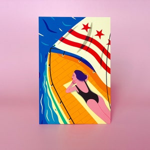 Modern Washington DC postcard featuring a girl yachting on the Potomac River under the DC flag, stylish vector art, souvenir, sailing-themed 4x6 postcard
