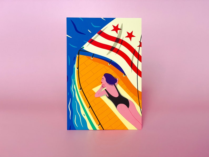 Modern Washington DC postcard featuring a girl yachting on the Potomac River under the DC flag, stylish vector art, souvenir, sailing-themed 4x6 postcard