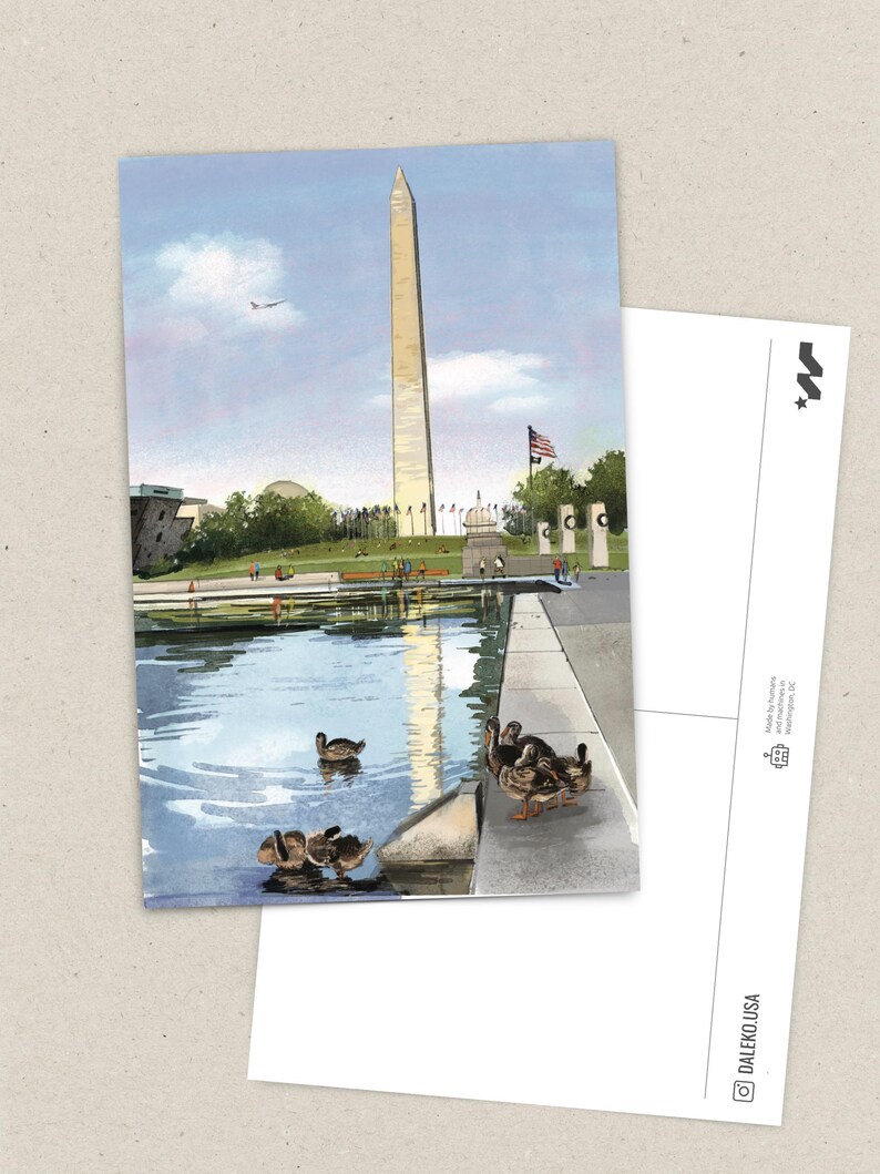 Hand-painted watercolor and pen illustration postcard of The Washington Monument in Washington, DC, featuring a charming duck family swimming in the Reflecting Pool. A whimsical and artistic postcard, perfect as a DC travel souvenir or gift for nature lovers.