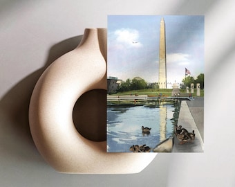 Washington DC Postcard, Washington Monument & Reflecting Pool, Hand-Painted Watercolor Illustration, Washington DC Travel Gift and Souvenir